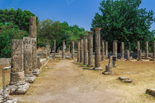 Ancient Olympia, Palaestra archaeological area ruins with columns view, UNESCO World Heritage Site, Greece photo