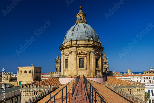 Palermo Cathedral, UNESCO World Heritage Site, church rooftop, narrow catwalk against cloudless blue sky, Palermo, Sicily, Italy