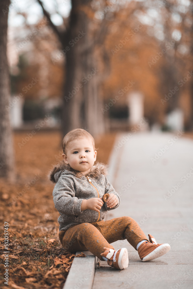 Cute baby girl wear jacket with hood and pants sit in autumn park over fallen leaves and nature outdoors. Fall season. Childhood. Cute baby girl wear jacket with hood and pants sit in autumn park over fallen leaves and nature outdoors. Fall season. Childhood.
