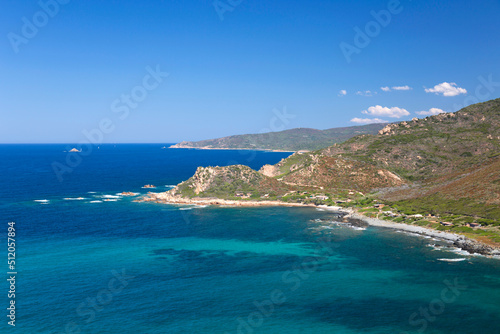 View along the Mediterranean Sea coastline from hillside path near Pointe de la Parata, Ajaccio, Corse-du-Sud