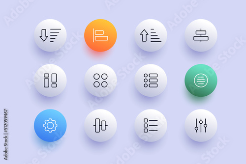 Button menu line icon. Circles, Tiles, triage, apps, assortment, list, sorting, charts, circles, sliders, checkmark, cross. Applications concept. Neomorphism style. Vector line icon for Business