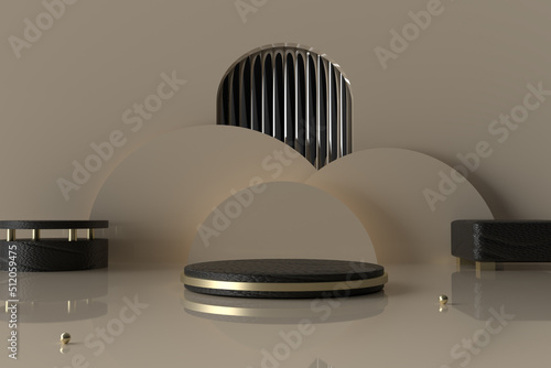 Luxury leather round display podium decorated with balls and black leather furnitures in studio room. 3D illustration.
