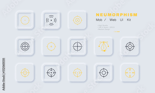 Advertising set icon. Logistics, Target, sight, arrows, click, online store, profit, shooting, marketing. The target audience concept. Neomorphism style. Vector line icon for Business and Advertising
