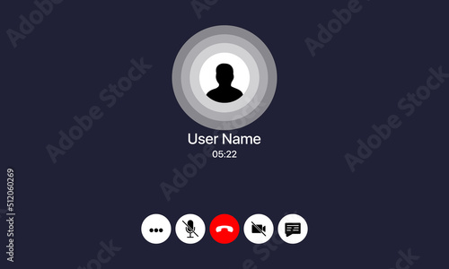 Video conversation Vector illustration. Buttons hang up, turn off the microphone, turn off the camera, write a message, volume, more. Avatar of the interlocutor.