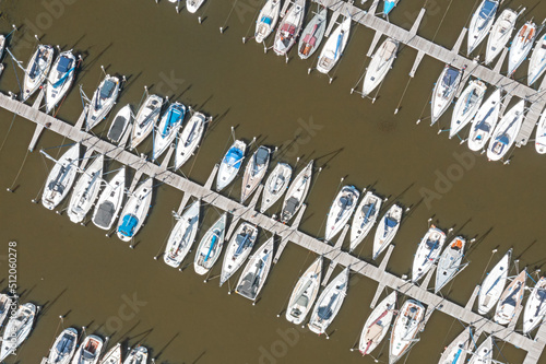 Aerial top shot from boats in a jetty in Friesland the Netherlands