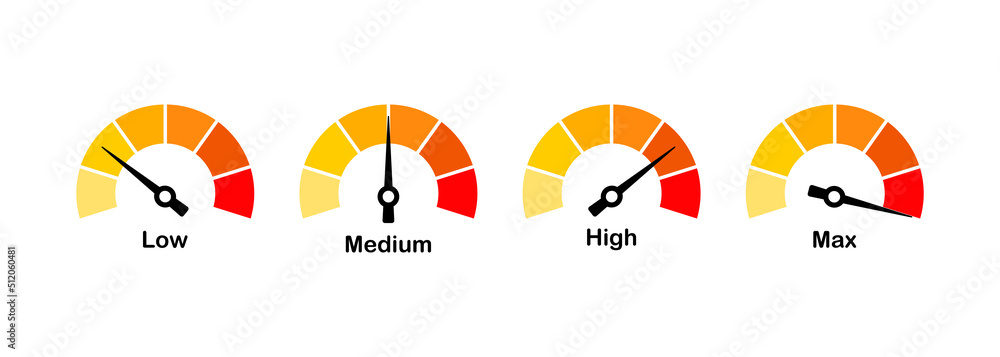 Speed scale Vector illustration. Low, medium, high, max. Speed test. Arrow for analytics of charge level or fuel level. Infographic concept. Vector line icon for Business and Advertising - obrazy, fototapety, plakaty 