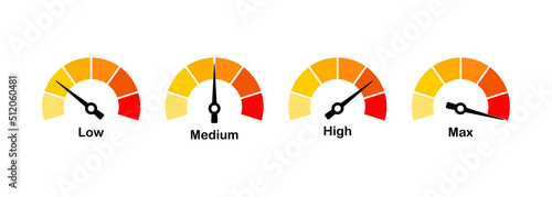 Speed scale Vector illustration. Low, medium, high, max. Speed test. Arrow for analytics of charge level or fuel level. Infographic concept. Vector line icon for Business and Advertising
