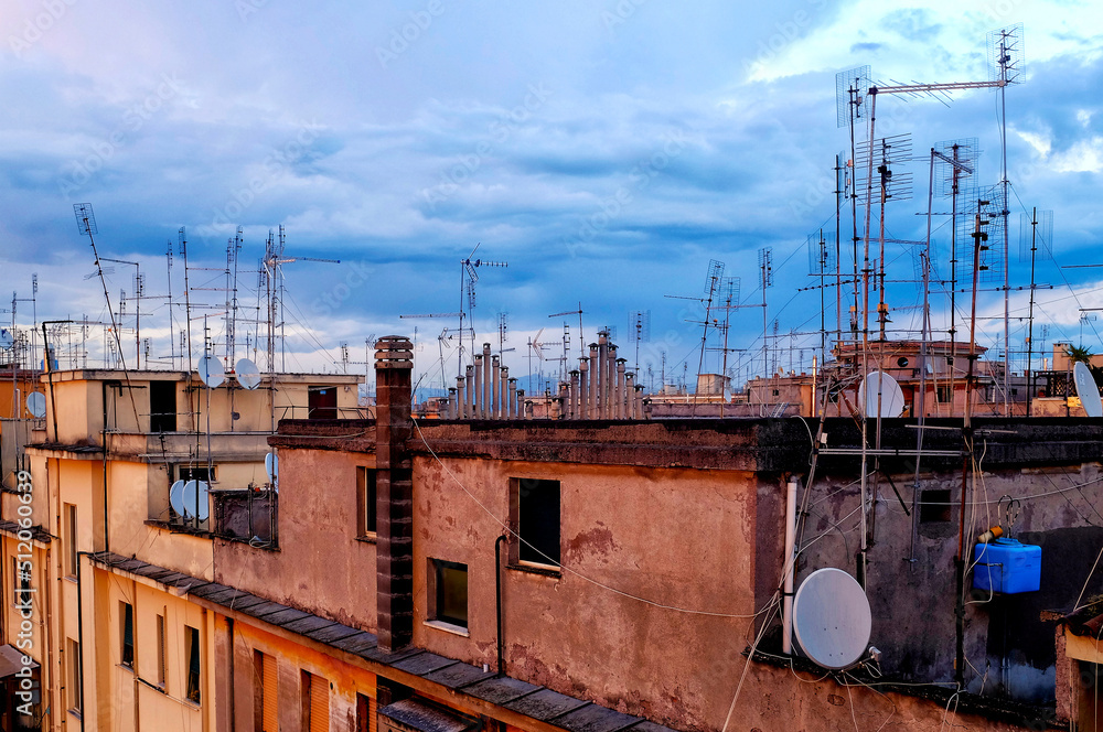 Rooftops with satellite dish and antennas, Rome Italy