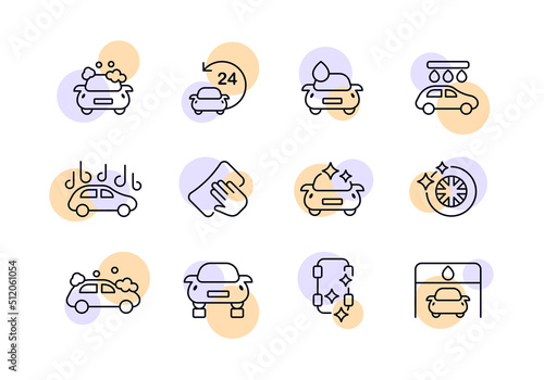 Car wash set icon. Detergent, cleaning, rag, sponge, service center, around the clock, karcher, wheel, repair, soap. Self service concept. Vector line icon for Business and Advertising