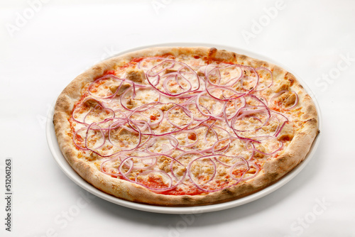 Onion and cheese tuna pizza on a white background