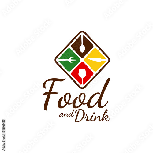Food logo icon vector template. Simple food and drink logo with a few icons like cutlery knife and glass.