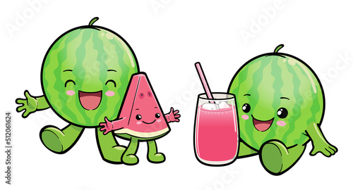 Cute watermelon cartoon characters and a glass of watermelon juice