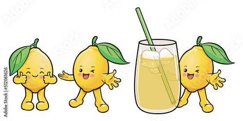 Lemon cartoon characters and a glass of lemonade
