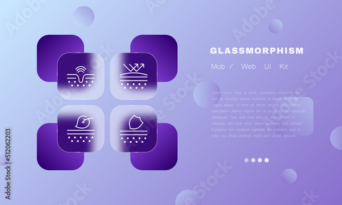 Scin protection set icon. Skin care, nursing, cream, wetting, dermis, sunscreen, pore cleaning, acne protection. Moisturizing the skin concept. Glassmorphism style. Vector line icon for Business