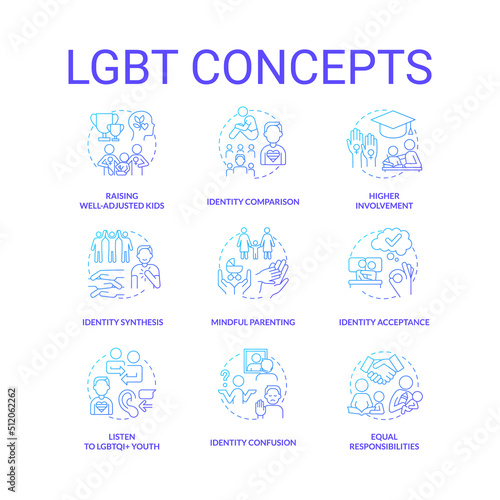 LGBT blue gradient concept icons set. Culture and movement. Gender and identity. LGBTQ community idea thin line color illustrations. Isolated symbols. Roboto-Medium, Myriad Pro-Bold fonts used