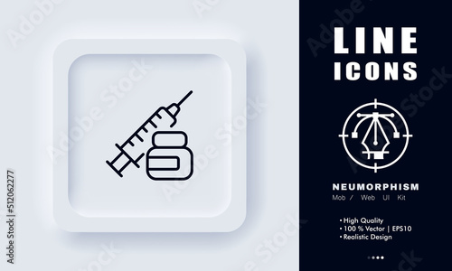 Medicine line icon. Injection, syringe, needle, vaccine, lymph, hospital, pharmacy, drip, hospital, doctor. Health care concept. Neomorphism style. Vector line icon for Business and Advertising