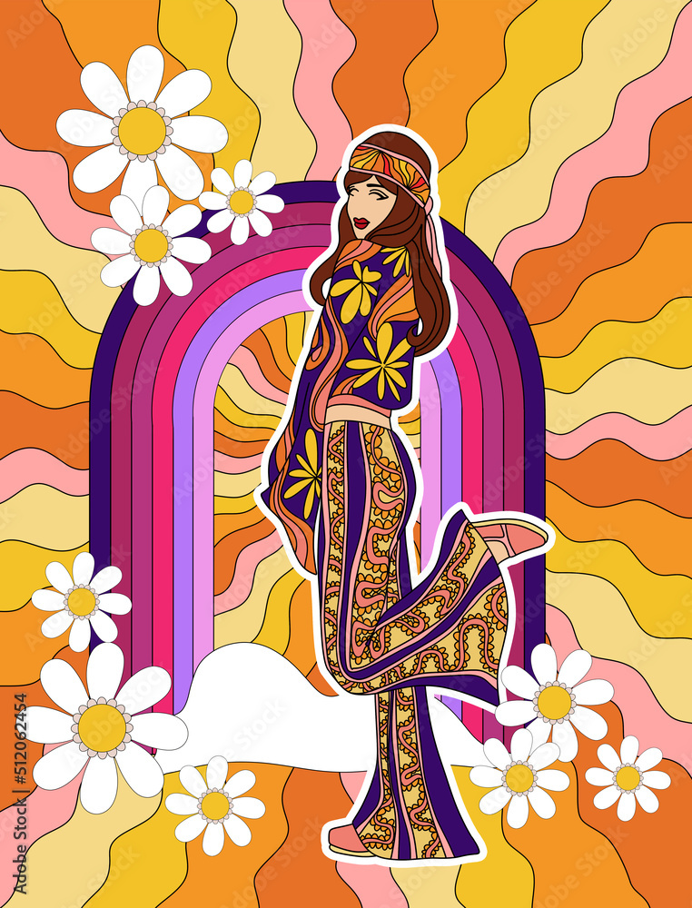 retro poster in disco style 60s-70s, fashion girl image on rainbow