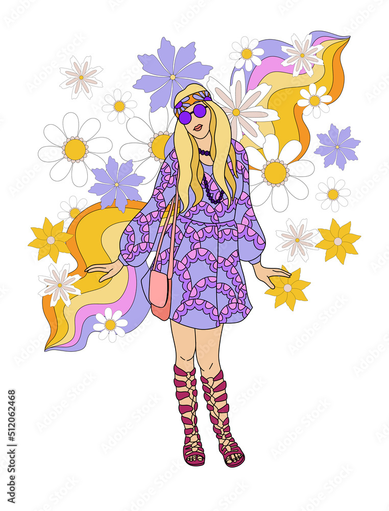 retro poster in disco style 60s-70s, fashion girl image on rainbow background, hippie vintage style, psychedelic, summer groovy mood. Trendy retro style. retro poster in disco style 60s-70s, fashion girl image on rainbow background, hippie vintage style, psychedelic, summer groovy mood. Trendy retro style.
