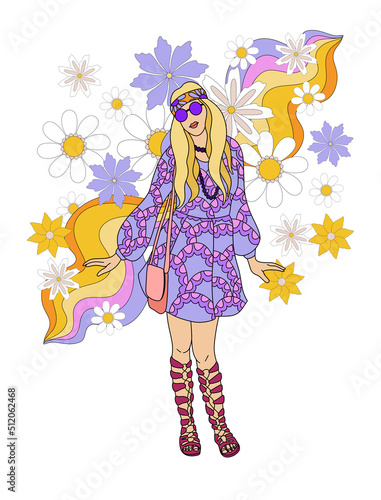 retro poster in disco style 60s-70s, fashion girl image on rainbow background, hippie vintage style, psychedelic, summer groovy mood. Trendy retro style.