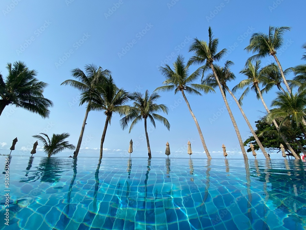 beach and sea, Holiday and vacation, nice tropical beach with palms, White clouds with blue sky