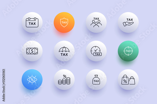Tax set icon. Protection, shield, calendar, expenses, salary, bomb, bag, discount, time to pay, umbrella, income. Money concept. Neomorphism style. Vector line icon for Business and Advertising