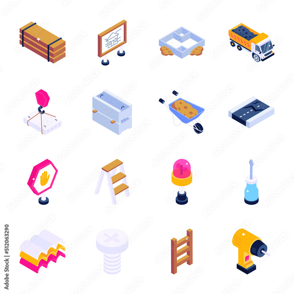 Bundle of Construction Material Isometric Icons Bundle of Construction Material Isometric Icons