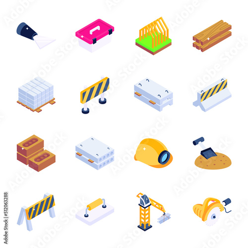 Set of Construction Accessories Isometric Icons