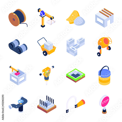 Set of Construction Elements Isometric Icons