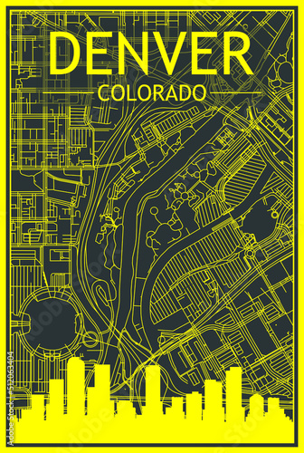 Yellow printout city poster with panoramic skyline and hand-drawn streets network on dark gray background of the downtown DENVER, COLORADO