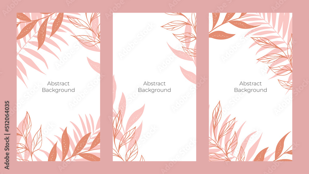 A set of modern abstract backgrounds with tropical leaves. Social media stories and post. Cover, invitation, banner, poster, brochure, poster, postcard, flyer.