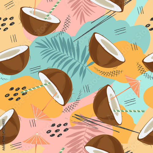 Coconut, cocktail, leaves and abstract elements. Summery, tropical seamless pattern.