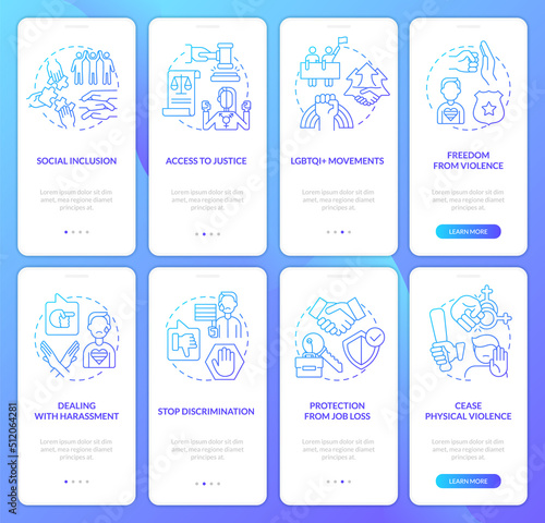 LGBT issues and support blue gradient onboarding mobile app screen set. Walkthrough 4 steps graphic instructions with linear concepts. UI, UX, GUI template. Myriad Pro-Bold, Regular fonts used