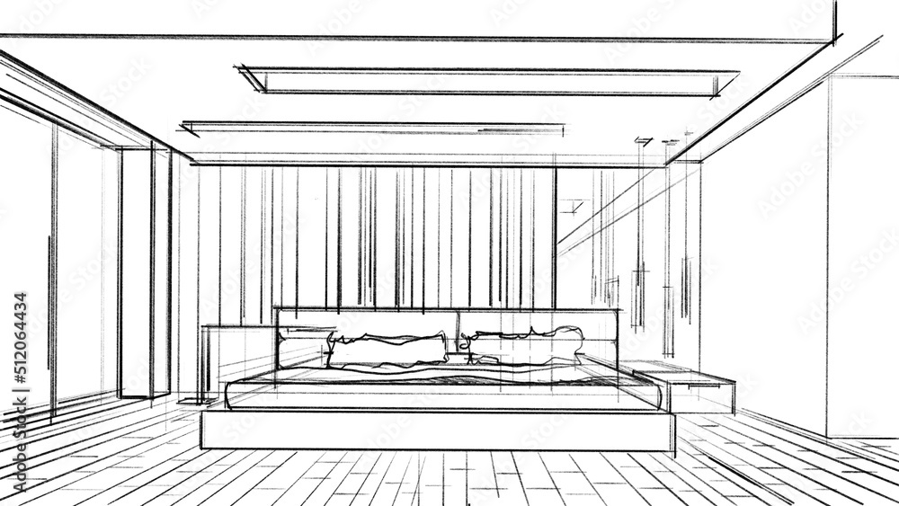 Architectural abstract interior sketch of a modern bedroom.