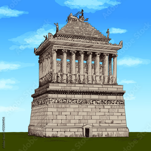 Stone Mausoleum with columns in Halicarnassus. Color pencil sketch