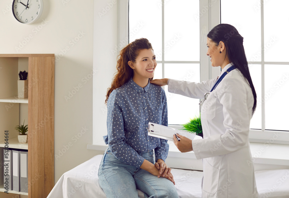 Friendly Smiling Female Doctor Touches Patient S Shoulder And Tells Her Good News Joyful Babe