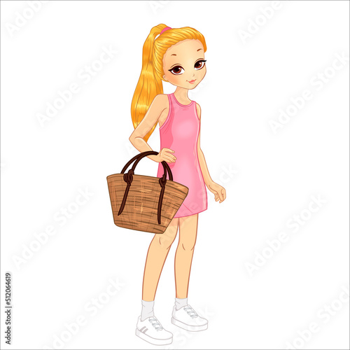 Girl in pink dress with wicker bag