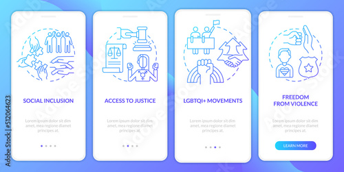 LGBT community programs blue gradient onboarding mobile app screen. Walkthrough 4 steps graphic instructions with linear concepts. UI, UX, GUI template. Myriad Pro-Bold, Regular fonts used