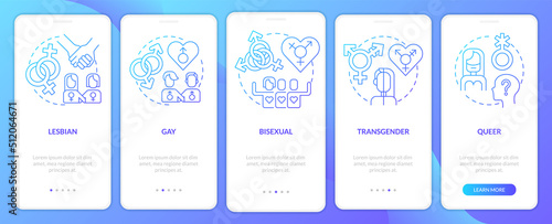 LGBT community includes blue gradient onboarding mobile app screen. Walkthrough 5 steps graphic instructions with linear concepts. UI, UX, GUI template. Myriad Pro-Bold, Regular fonts used
