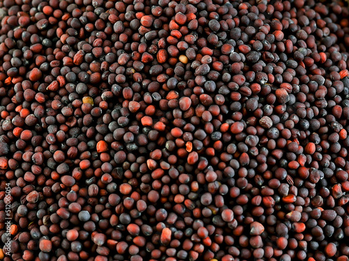 Dry Brown Mustard Seeds top view background or texture. Healthy spices, nuts, seeds and herbal products.