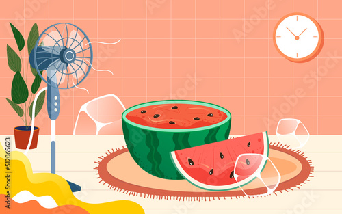 Summer character sitting at home blowing a fan and eating watermelon with living room and plants in the background, vector illustration