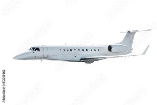 White modern executive business jet flies isolated on white background
