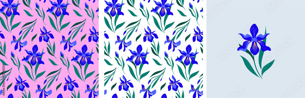 Fototapeta premium Feminine fashion concept illustration, seamless pattern and flower bouquet of Irises flowers. Card, print and poster designs. Flat style vector design