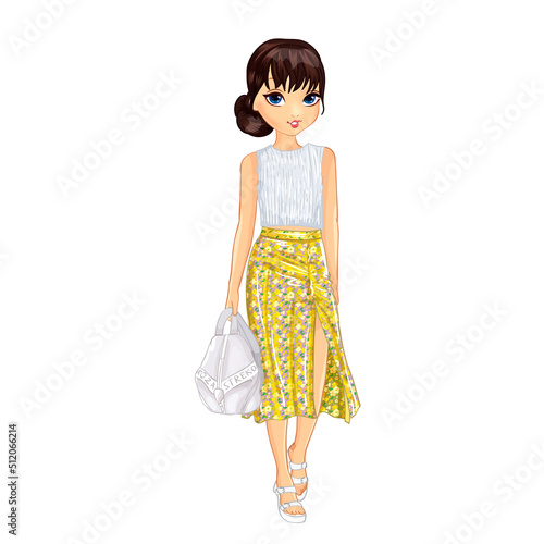 Girl in white shirt and yellow skirt