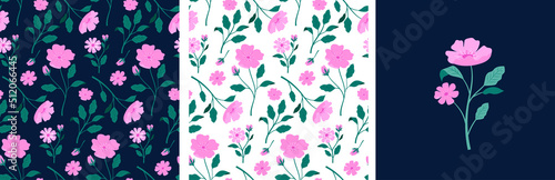 Feminine fashion concept illustration, seamless pattern and flower bouquet of pink anemone flowers. Card, print and poster designs. Flat style vector design