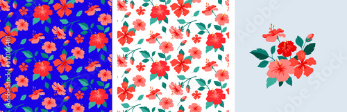 Feminine fashion concept illustration, seamless pattern and flower bouquet of hibiscus flowers. Card, print and poster designs. Flat style vector design