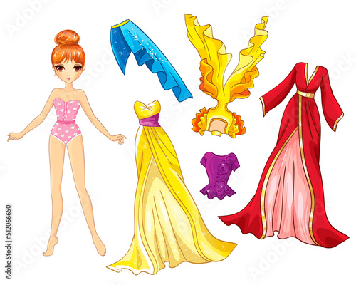 Paper doll with beautiful red oriental dresses