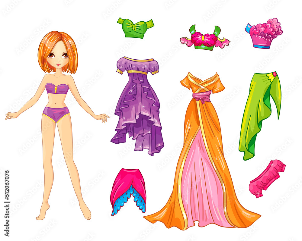 Paper doll with purple and orange dresses Stock Vector Adobe Stock