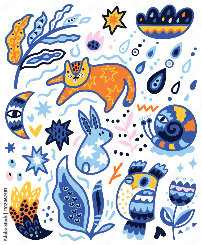 Fototapeta premium Vector poster or card with forest animals, flowers, moon, clouds and drops. Cute vector illustration