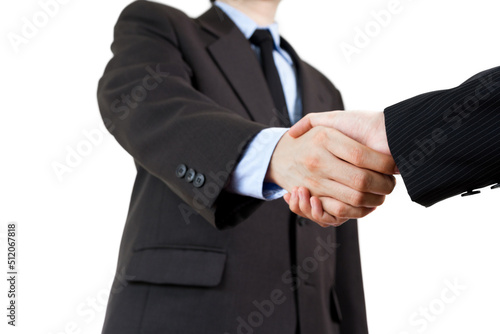 Business man and woman handshake on white background. Professional business people gesture for meeting, agreement, successful deal, partnership, greeting, teamwork, and cooperation.