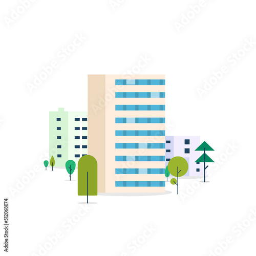 Residential buildings in green recreation park zone. Downtown office or living apartment green trees near building. Urban architecture concept. Flat style vector illustration.
